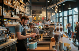 Barista preparing coffee during busy service in an Australian café with customers in the background.