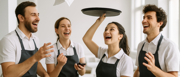A group of young hospitality staff in aprons laughing and smiling together, showing teamwork and motivation in a restaurant setting.