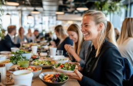 A group of professionals dining together in a bright, modern restaurant. A woman in the foreground smiles while enjoying a fresh salad, surrounded by a variety of colourful dishes and greenery, capturing a vibrant and social dining atmosphere.