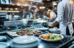 Chef working in a busy commercial kitchen with digital AI network graphics layered over the scene, symbolising the integration of artificial intelligence in food preparation and hospitality operations.