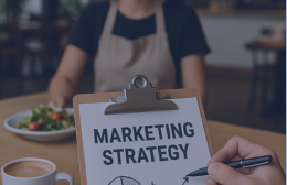 A café scene with a clipboard on a wooden table showing the words “Marketing Strategy” and simple hand-drawn graphs. A barista wearing an apron smiles in the background, with a cup of coffee and salad on the table, symbolising foodservice marketing planning.