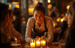 A young female waiter smiles as she serves guests at a candlelit table in an Australian restaurant