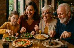 A family representing multiple generations enjoying a meal together in a warm restaurant setting, sharing pizza, salad and pasta around the table.