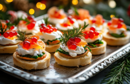 Mini blinis topped with cream, smoked salmon, red caviar and fresh herbs, beautifully arranged on a silver tray for a festive event or Melbourne Cup catering display.