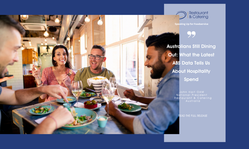 Four friends enjoy a lively meal together at a casual restaurant, laughing and sharing food around a brightly lit table. The graphic includes the Restaurant & Catering Australia logo and a quote: “Australians Still Dining Out: What the Latest ABS Data Tells Us About Hospitality Spend” – John Hart OAM, National President, Restaurant & Catering Australia.